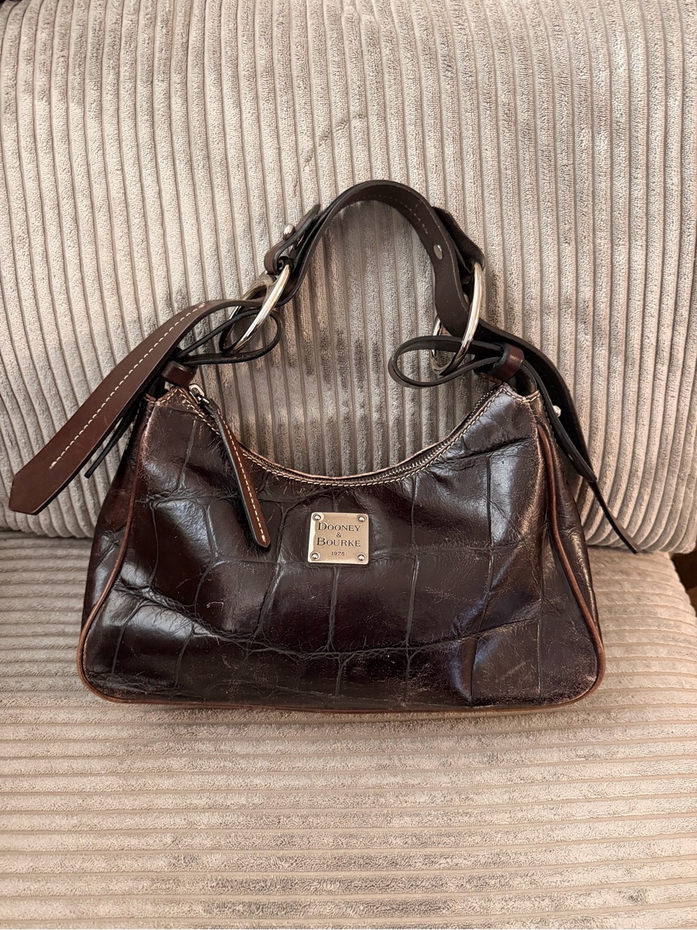 Dooney & Bourke Dark Brown Croc-Embossed Leather Shoulder Bag with Gold Plaque